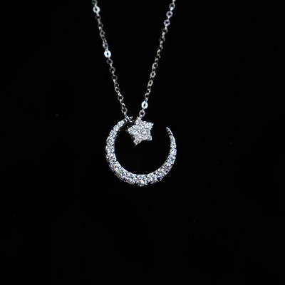 Romantic 18K Gold Crescent Moon Star Lab-Grown Diamond Necklace Wholesale for Lovers White Gold with VVS Clarity for Weddings