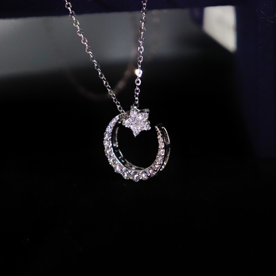 Romantic 18K Gold Crescent Moon Star Lab-Grown Diamond Necklace Wholesale for Lovers White Gold with VVS Clarity for Weddings