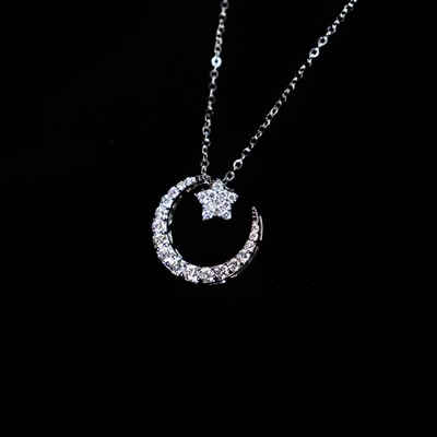 Romantic 18K Gold Crescent Moon Star Lab-Grown Diamond Necklace Wholesale for Lovers White Gold with VVS Clarity for Weddings