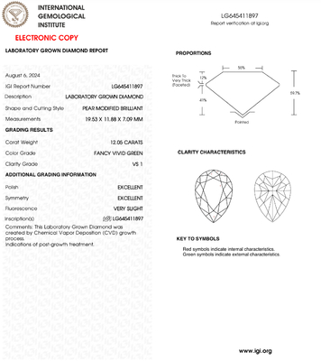 12.05 Carat Green Pear Cut Lab Grown HPHT CVD Diamond Loose IGI GIA Certified Fancy Green Color VS 3EX